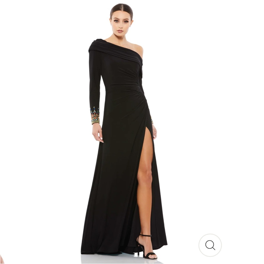 MAC DUGGAL BEADED CUFF DROP SHOULDER FAUX WRAP GOWN